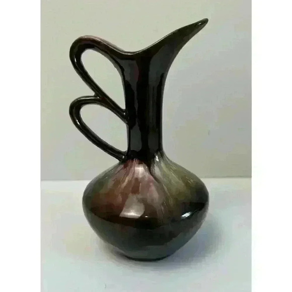 Vintage MCM Ceramic Cruet Pink Blue Gold Silver Drip Glaze Brown base Redware - Picture 1 of 10